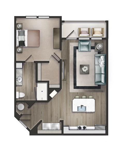 Floor plan for 1 bed, 1 bath, 748 sqft